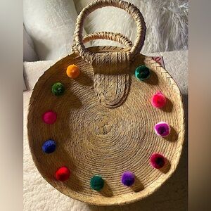 Colorful Pom Pom Retro Festival Straw Basket Bag with Circular Handles